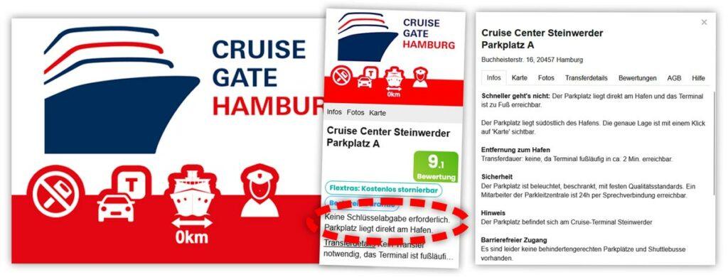 Infos zur Schlüsselübergabe auf dem Parkplatz Cruise Center Steinwerder während der Kreuzfahrt.