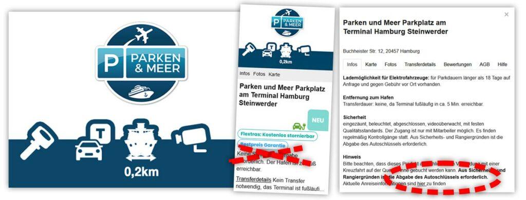 Infos zur Schlüsselübergabe auf dem Parkplatz Parken und Meer Hamburg Steinwerder während der Kreuzfahrt.